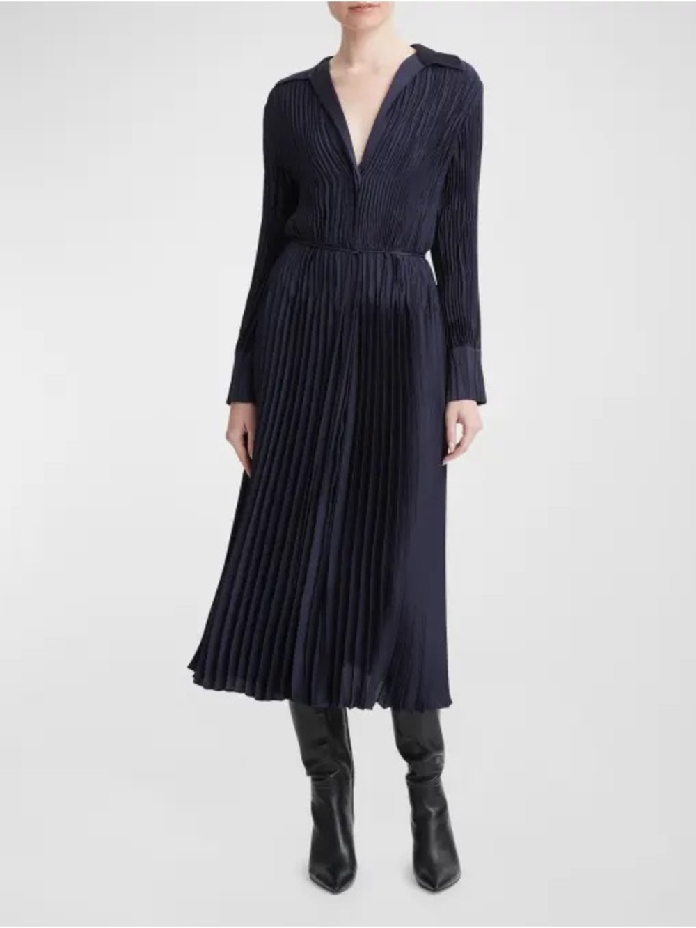 Vince Pintuck-Pleated Satin Midi Shirtdress